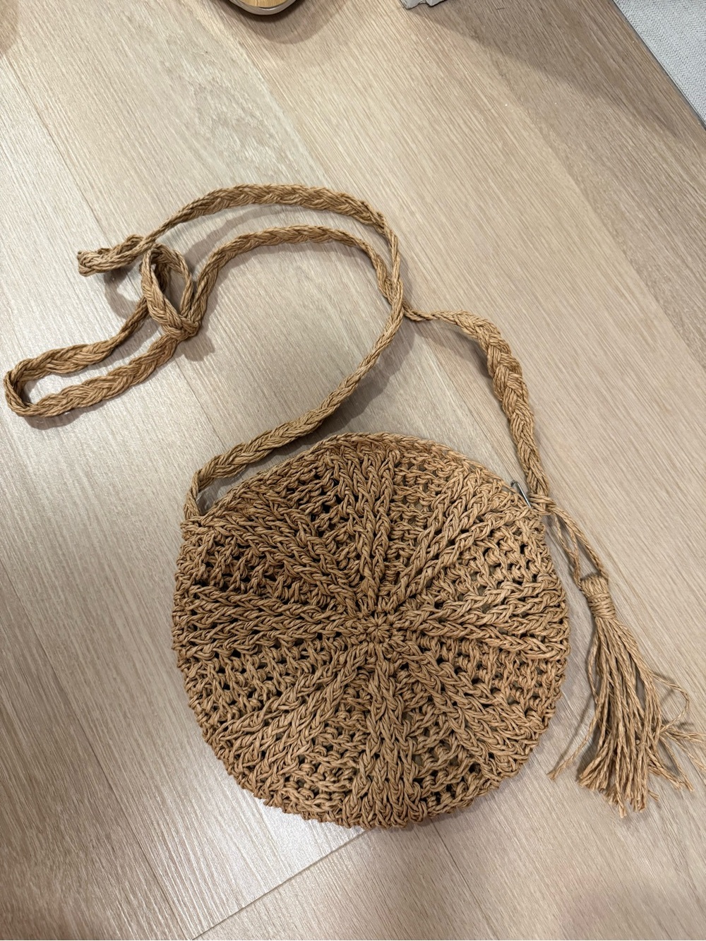 Woven Round Straw Crossbody Bag in Natural Tan